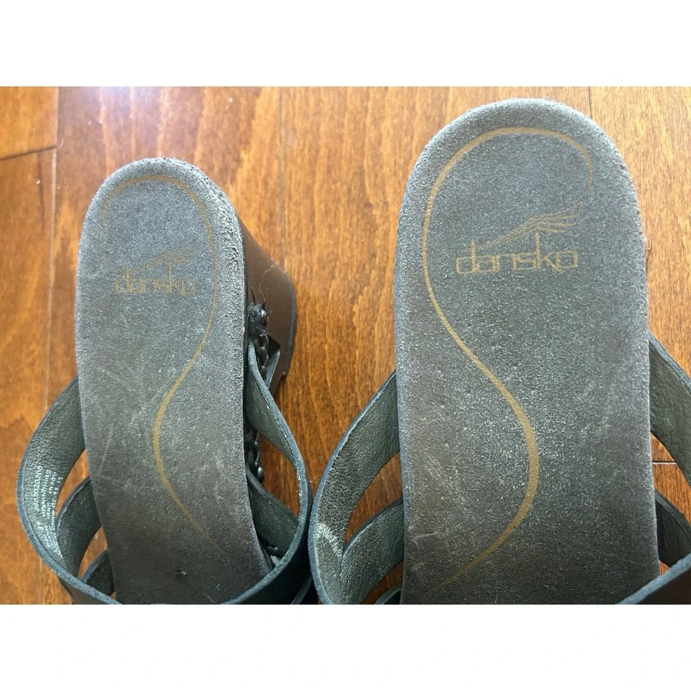 Dansko Black Leather Woven Strappy Wedge Slide Sandals Clogs Size 41 10.5-11